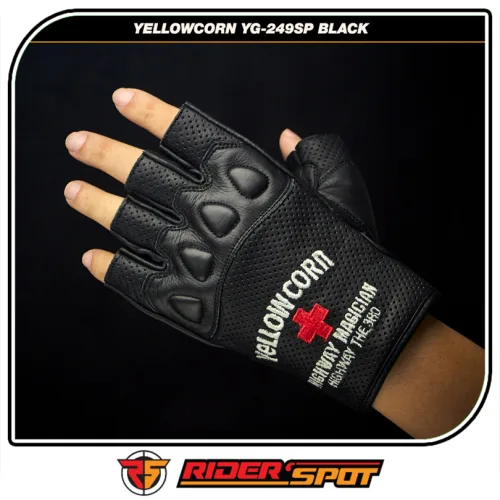 YELLOWCORN Punch Mesh Leather Half Finger Glove YG-249SP Black