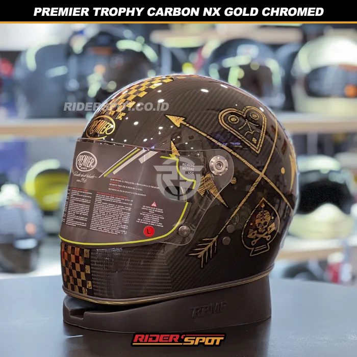 セキュリティ・セーフティ PREMIER TROPHY CARBON NX GOLD CHROMED PREMIER Trophy Carbon NX Gold Chromed Helmet – Riderspot